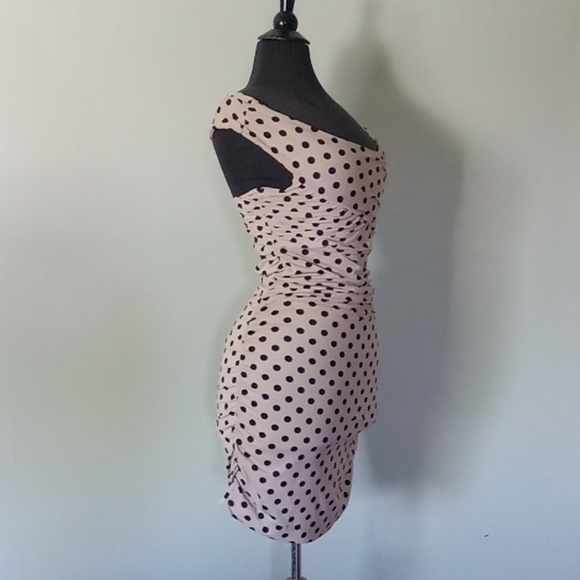 Oo lala! Guess short bodycon draped polka dot nude pink and black mini dress S - Picture 4 of 7